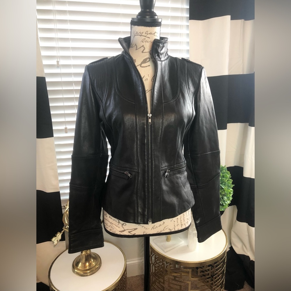 Kenneth Cole Black Lambskin Leather Moto Motorcycle Jacket - Medium
